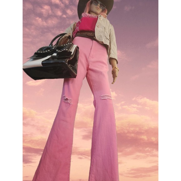 Vintage Pink Bell-bottom Jeans Flare Retro 70's Style Sz L - Picture 6 of 8